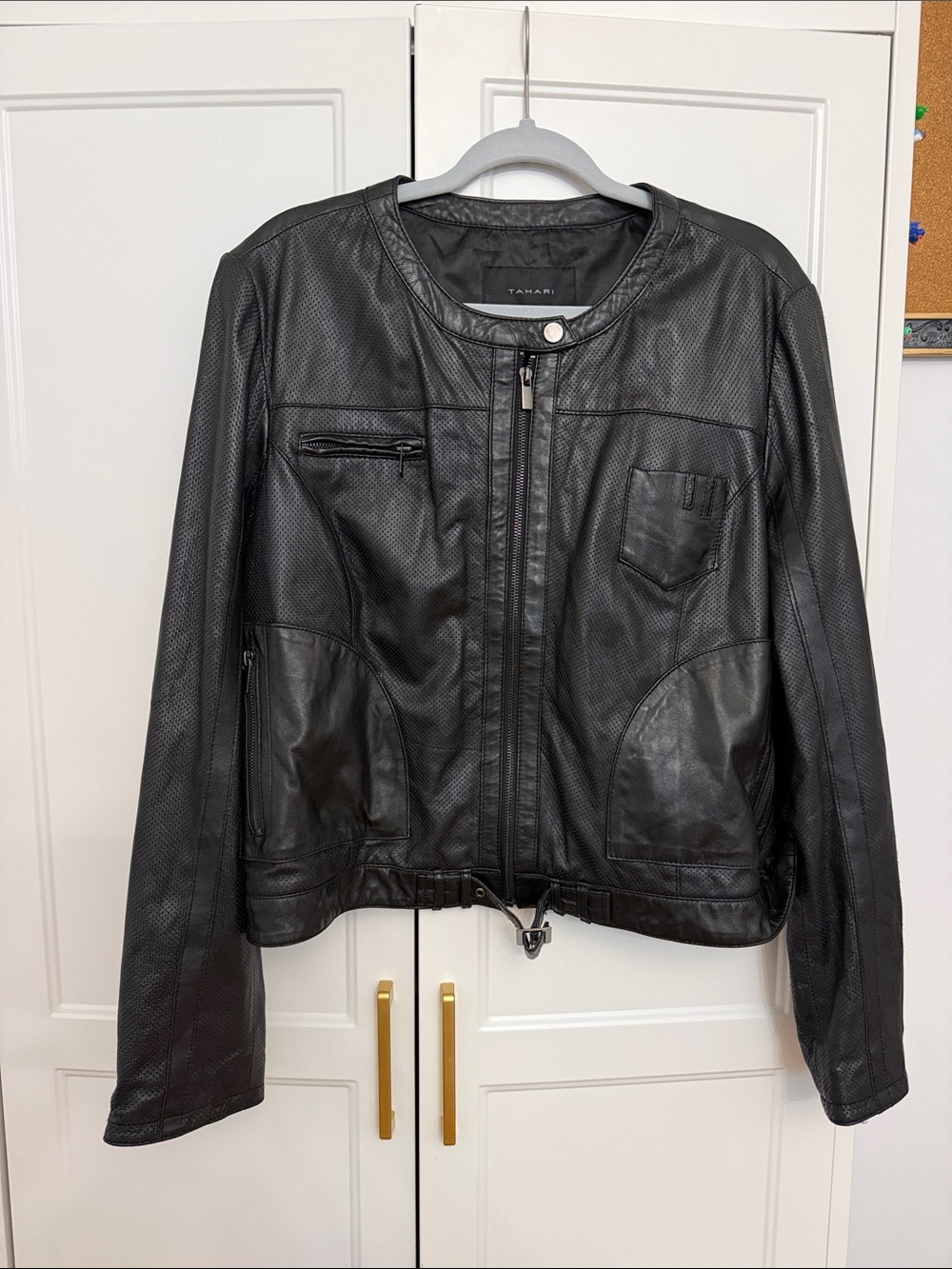Tahari Black Perforated Leather Zip Jacket